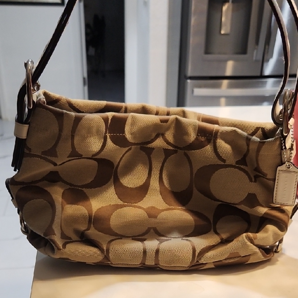 Coach Tan and Brown Signature Shoulder Bag